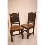 Pair of Oak Solid Seat Hall Chairs with Carved Back Panels