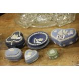 Collection of Wedgwood Jasperware in blue and green to include two heart shaped, one clover leaf