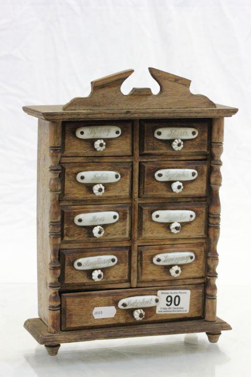 Vintage wooden set of Spice drawers with Ceramic plaques & knobs