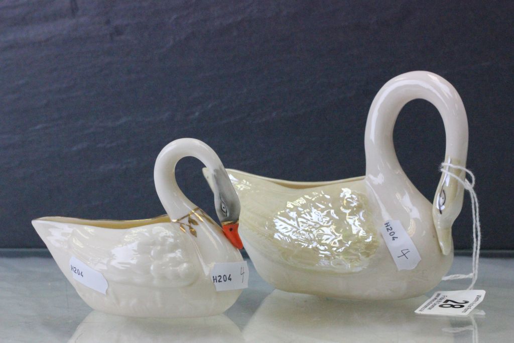 Two Belleek green mark swans (large and small) Circa1970 - Image 2 of 4