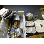 Box of mixed metalware to include Silver plate and a pair of Brass Candlesticks