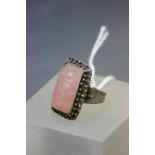 Chinese hallmarked Silver ring with a large carved Rose Quartz stone