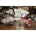 Two boxes of mixed Silver plate and glass items to include a lidded Tureen, condiment set and Art