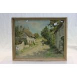 Tom Clough water colour rural scene cottage with ducks and figures signed