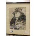 Framed & glazed Charcoal sketch of a lady, marked DS 1919