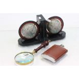 Pair of Globe Bookends, Magnifying Glass and Hip Flask