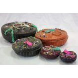 Set of Three Asian Wicker Baskets, each with attached stone bangles and beads