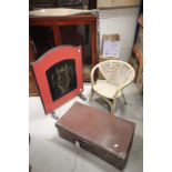 Painted wooden Fire screen, a Child's wicker chair and a suitcase