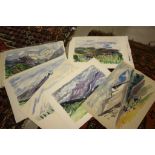 A quantity of large, mostly impressionist style alpine watercolours by S.E.A Carratt (Nee) Sheila