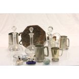 Mixed Lot including Two Glass Decanters, Glass Claret Jug, Pewter Tankards, Fossil Stone Plate, etc