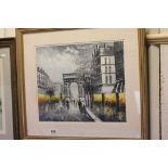 Gilt framed oil painting of a Parisian street scene at dusk signed Burnett