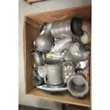 Box of mixed Ceramics & Pewter to include 19th Century Tankards