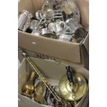 Large box of mixed Silver plated items to include coaster, tankards etc and a small box of brassware