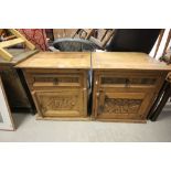 Pair of Hardwood Side Cabinets, each with carved drawer and panel door