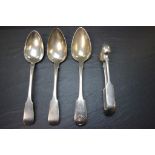 Three spoons & a pair of sugar tongs, all hallmarked Georgian silver