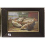 An oak framed oil painting study of freshwater fish on a riverbank