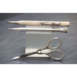 Two pencils plus a pair of scissors, all hallmarked silver