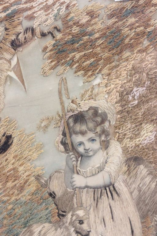 An antique oval silk picture of young girl with sheep. - Image 2 of 2