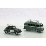 Painted metal models of of a VW Beetle & Camper both with Surfboards