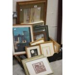 Fifteen various pictures to include watercolours, oil on board, woodblock prints, a sepia photograph