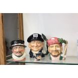 Three large Royal Doulton character jugs of The Lumberjack (D6610), Beefeater (D6206), and Lobster