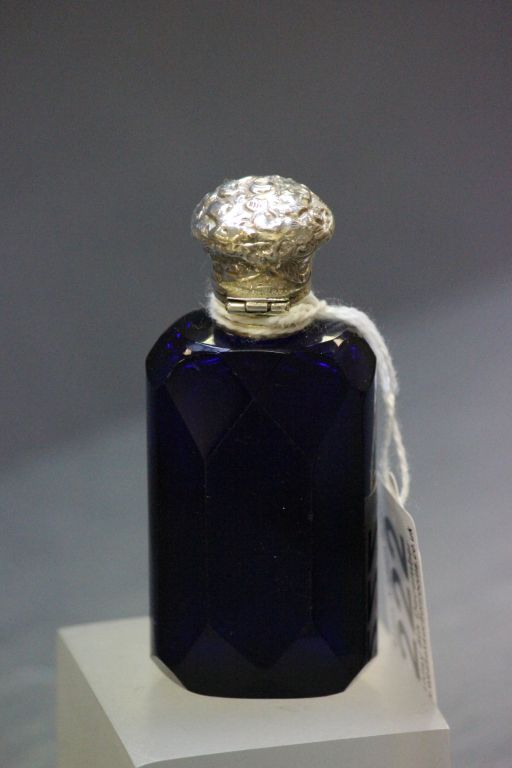 Faceted Bristol Blue glass Scent bottle with silver top & original glass stopper