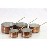 Set of five Copper pans with Brass handles and silvered interior
