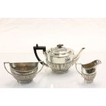 Silver Plated Three Piece Tea Set with part reeded body, marked Wm H & S