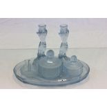 Art Deco Blue Pressed Glass Dressing Table Set comprising Pair of Candlesticks with stems in the