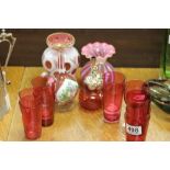 Two Bohemian Cranberry Glass Vases painted with Floral Scenes together with Cranberry & White