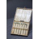 Cased set of hallmarked silver & enamel olive spears with chickens