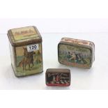 Three vintage tins, one with a colonial scene