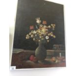 Still life oil painting on canvas, flowers in a vase with fruit, dated 78'