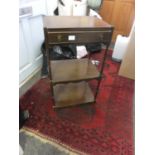 3 tier side table, mahogany the top section containing a single short drawer, 3' tall