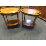 2 x oval topped Yew wood Regency style side tables, each one with a shelf below