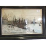 F/g watercolour of a Dutch Canal scene with Windmill, Boats and Figures 14" x 18" signed D Senior,