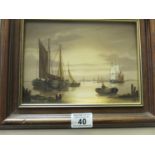 Bernard Page, oil painting on board, depicting boats, figures and landscape background and towns,