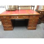 Regency style Yew wood pedestal partners desk, 2 pedestal sides containing drawer above a leather