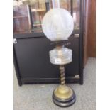 Brass centre barley twist column Victorian oil lamp with glass bowl and engraved shade 24" tall