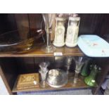 Shelf of collectors lots to include a Wade ashtray, pair of silver topped vases, Tonbridge ware