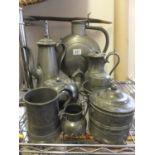 Early 19th century pewter Tea Caddy with lid and lead liner, 19c pewter tankard, and 6 other items