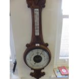 Oak late 19th century Banjo Barometer with Thermometer attachment, est 20-50