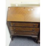 Walnut Art Deco period Bureau, fall front revealing a fitted interior above 3 short drawers on pad