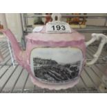 Lustre ware collectable miniature pink glazed tea pot, with monochrome picture of Folkestone from