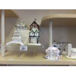 6 x Miniature collectable porcelain cottages by Coalport inclduing Red House, Curiosity Shop, Park