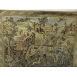 Large modern wool work tapestry depicting Medieval scene with Men on Horseback, Birds and dogs