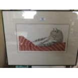 Stylized limited edition coloured print entitled David's Cat No: 68/150 by D C Beattie