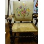 Tapestry upholstered Nursing chair, with rush seating area,