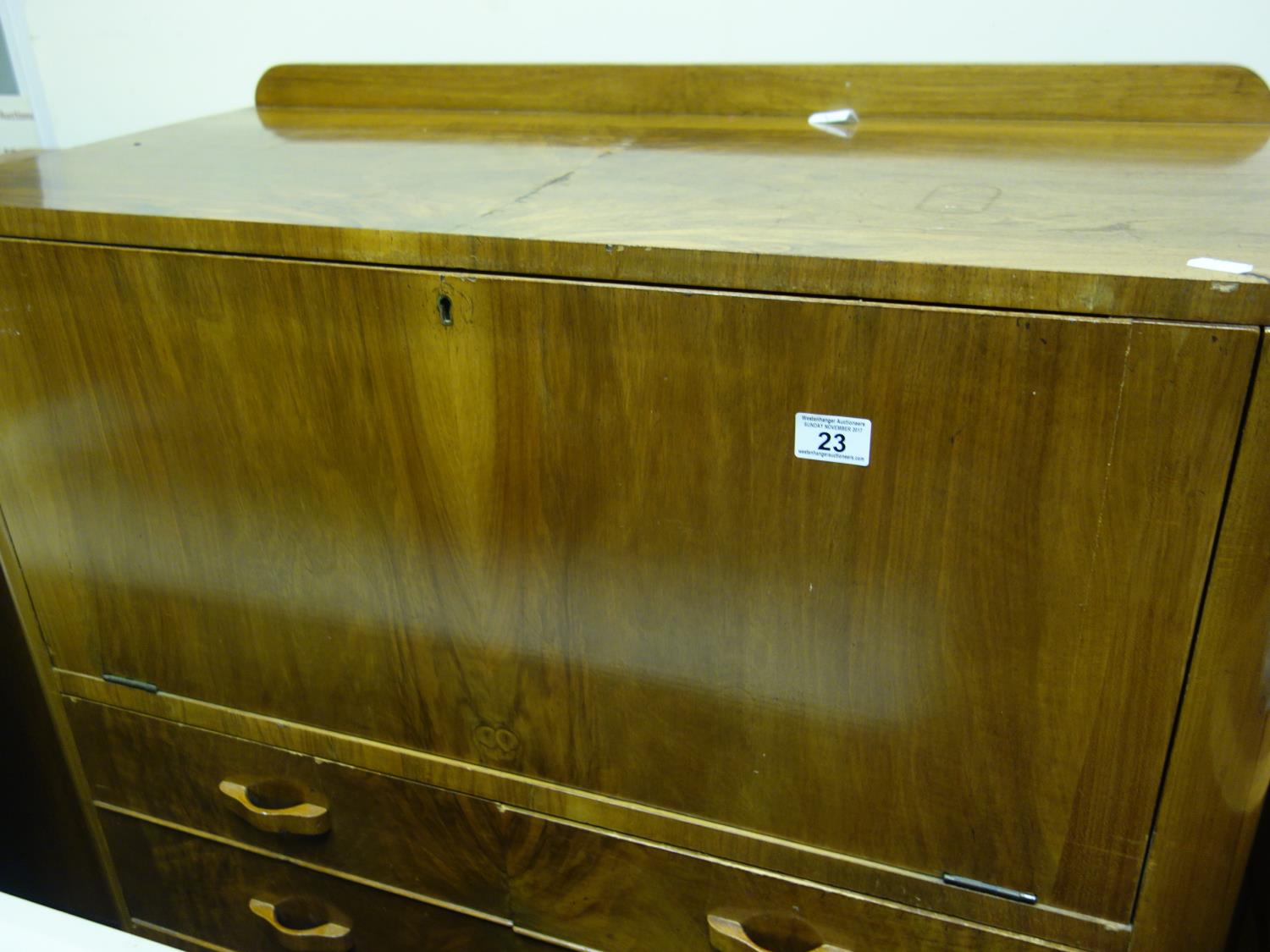 Art Deco period walnut veneered Bureau, single flap to the front revealing a fitted interior, all