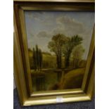 Oil painting on canvas, Edwardian period in gilt frame, Lone figure on a boat in a landscape scene